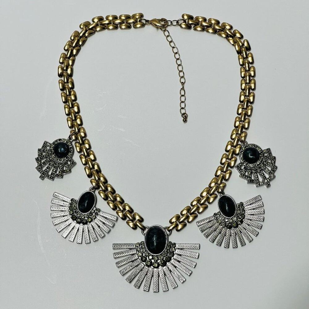 Fan Pendant Bib Necklace with Blue Stone Gold Silver Two Tone